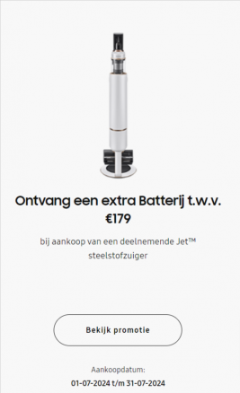 Samsung Jet steelstofzuiger: Extra batterij gratis t.w.v. €179