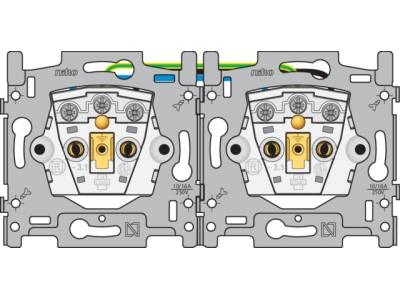 Sokkel voor dubbel stopcontact horizontaal met penaarde en beschermingsafsluiters, inbouwdiepte 28,5 mm, schroefklemmen