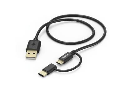 Câble micro-USB 2 en 1 avec adaptateur USB Type-C, 1 m, noir