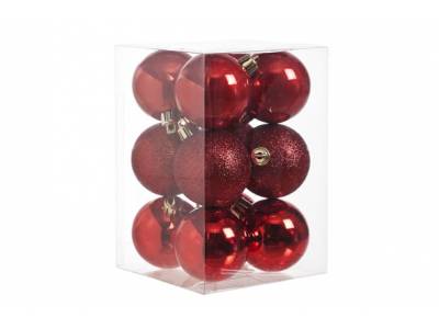 Kerstbal Set12 Mix Rood D6cm Kunststof Mat Glitter Blinkend