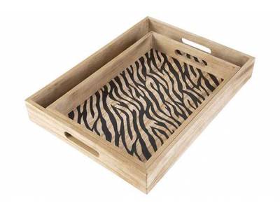 Dienblad Set2 Zebra Black Natuur 40x30xh 5cm Hout 35x25x4.5cm