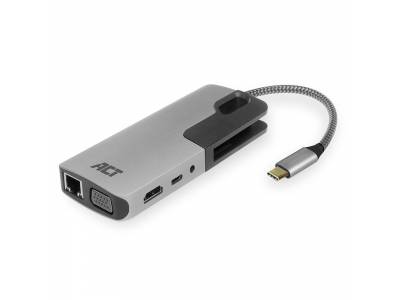 USB-C naar HDMI of VGA multiport adapter met ethernet, USB hub, cardreader, audio en PD pass through