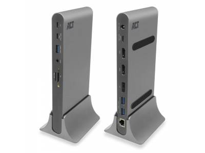 USB-C-dockingstation voor 3 monitoren, HDMI, DisplayPort, met ethernet, USB-hub, kaartlezer en audio