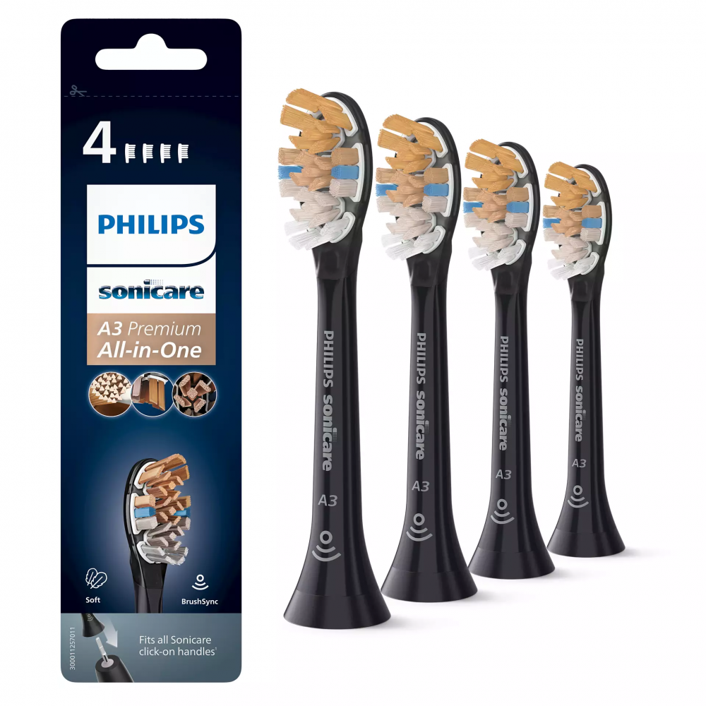 Philips Opzetborstel HX9094/11 Sonicare A3 Premium All-in-One 4x Zwarte sonische opzetborstels