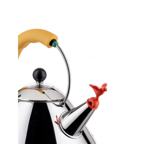 Kettle in 18/10 stainless steel mirror polished with handle and small bird-shaped whistle in PA, yellow. Magnetic steel bottom suitable for induction cooking.  Alessi