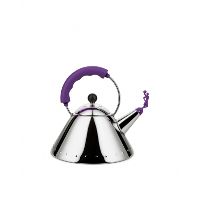 3909 Kettle in 18/10 stainless steel with handle and whistle in PA, purple. Magnetic steel bottom suitable for induction cooking. Limited edition of 9999 numbered copies.  Alessi