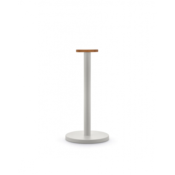 Alessi Mattina Kitchen roll holder in steel coloured with epoxy resin, Warm Grey. Knob in bamboo wood.