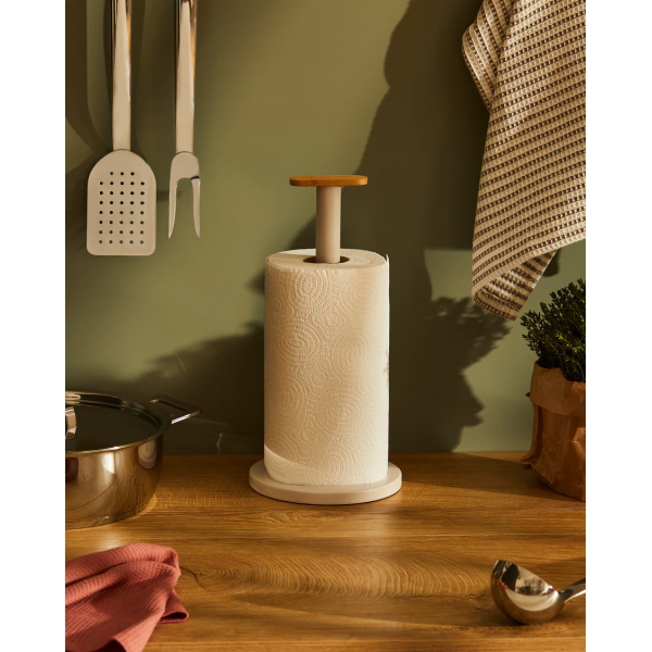Alessi Mattina Kitchen roll holder in steel coloured with epoxy resin, Warm Grey. Knob in bamboo wood.