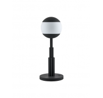 Table lamp in coloured aluminium, black and glass sphere. Rechargeable battery and touch dimmer. 5W 5V LED light. Adapter with interchangeable plugs. 
