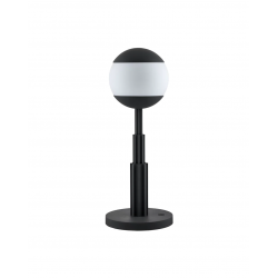 Alessi Table lamp in coloured aluminium, black and glass sphere. Rechargeable battery and touch dimmer. 5W 5V LED light. Adapter with interchangeable plugs. 