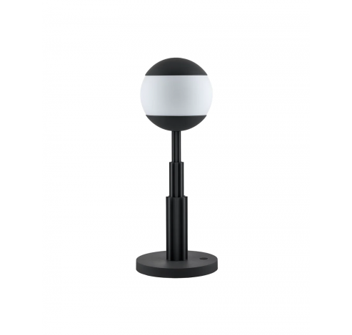 Table lamp in coloured aluminium, black and glass sphere. Rechargeable battery and touch dimmer. 5W 5V LED light. Adapter with interchangeable plugs.  Alessi