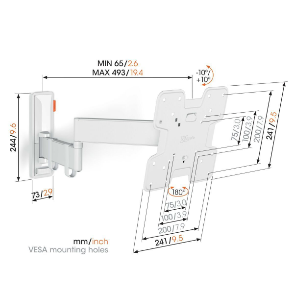 TVM 3245 Draaibare tv-beugel (wit) - Volledig draaibaar tot 180° - Kantelsysteem tot 20° 