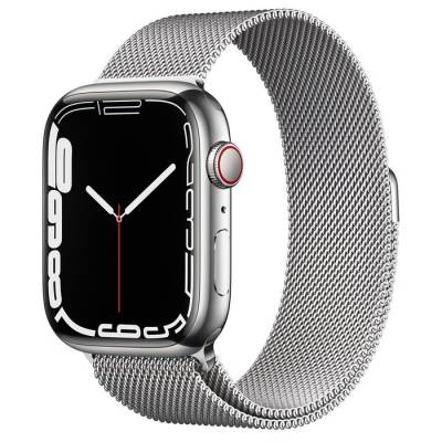 Apple Watch Series 7 GPS + Cellular 45mm Zilver Roestvrij Staal met Milanees Bandje Zilver Apple