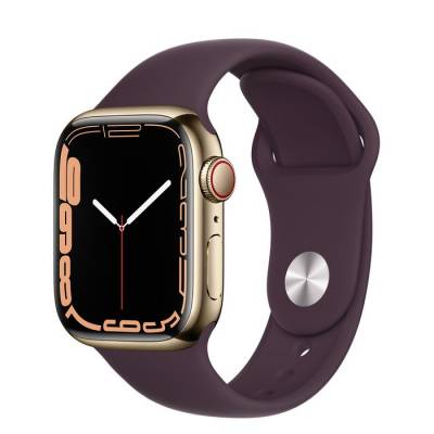 Apple Watch Series 7 GPS + Cellular, 45mm Gold Stainless Steel Case with Dark Cherry Sport Band - Regular Apple