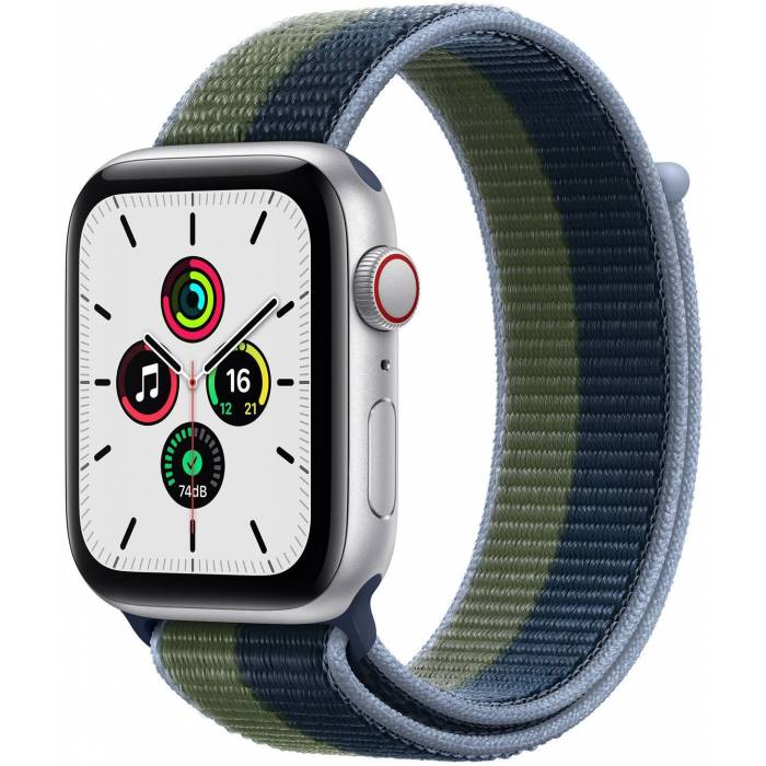 Luipaard stromen De vreemdeling Apple watch SE zilverkleurig aluminium 44mm GPS + Cellular Geweven  sportbandje Abyss-blauw/mosgroen