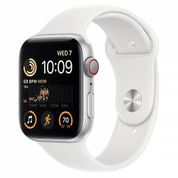 Apple Watch SE GPS + Cellular 44mm Silver Aluminium Case met White Sport Band Regular 