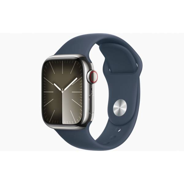 Apple Watch Series 9 GPS + Cellular 41mm Silver Stainless Steel Case with Storm Blue Sport Band - M/L 