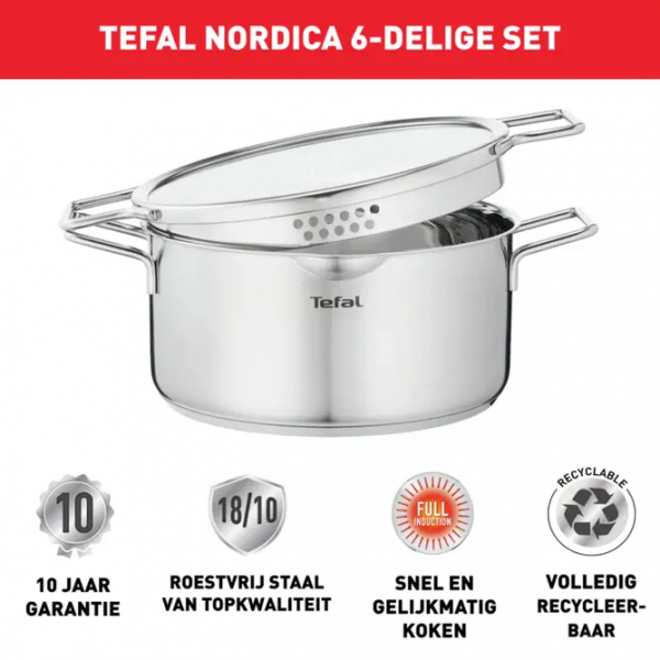 Tefal H852S325 Nordica Set van 3 inox kookpotten 16/20/24 cm + 3 deksels