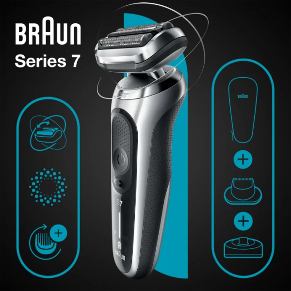 Braun Series 7 71-S4200cs Wet & Dry scheerapparaat met oplaadstandaard en 1 precisietrimmer-opzetstuk, zilver.