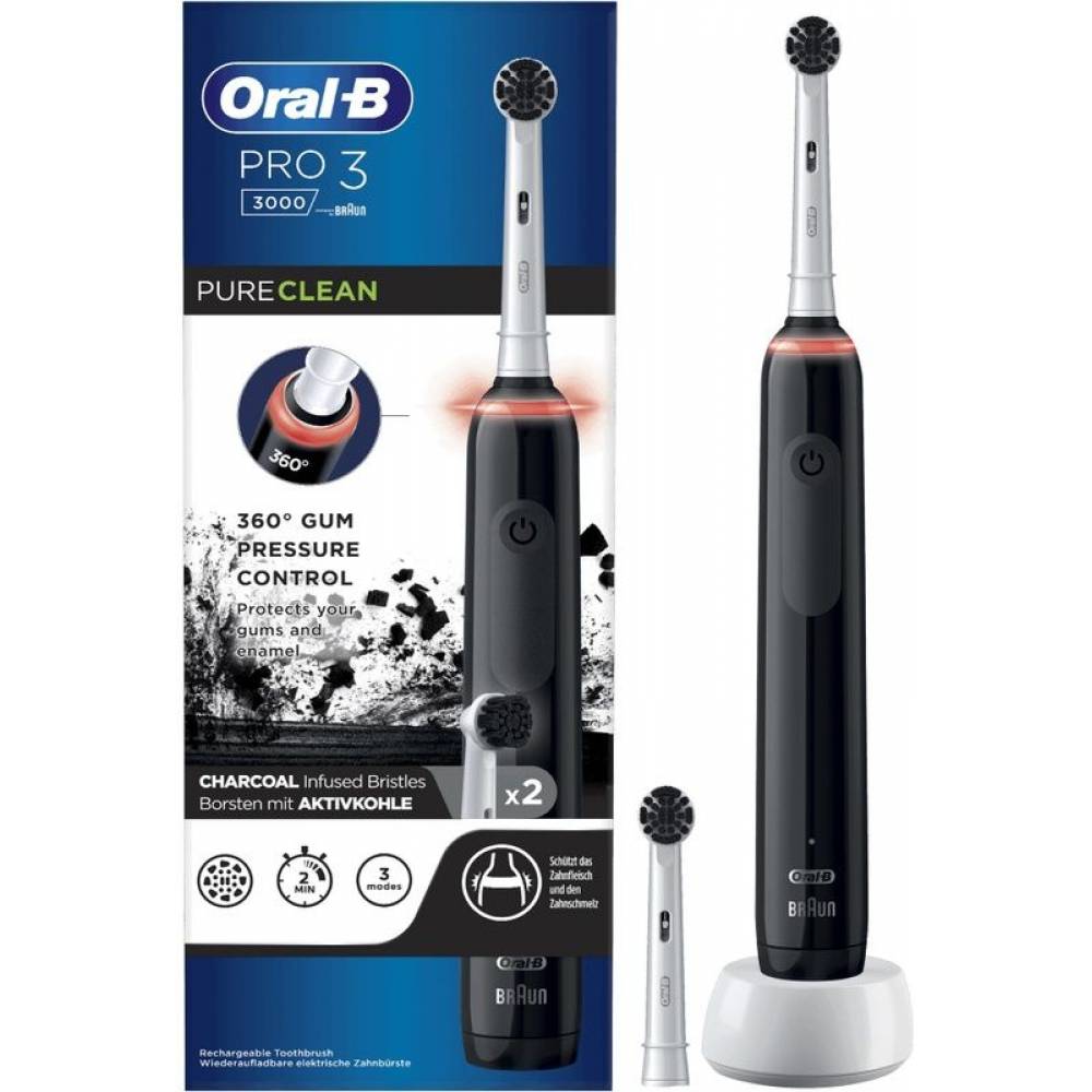Braun Elektrische tandenborstel Pro 3 - 3000 Pure Clean Zwart + 1 extra opzetborstel