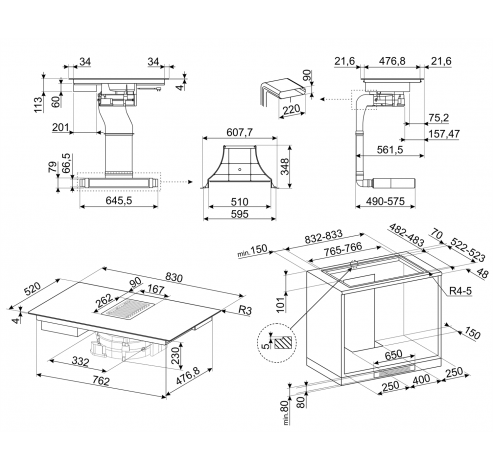 Universeel Inductiekookplaat met geïntegreerde afzuiging 80cm HOBD482D  Smeg