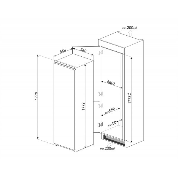 Inbouw Enkeldeurs koelkast 178cm 311L Smeg