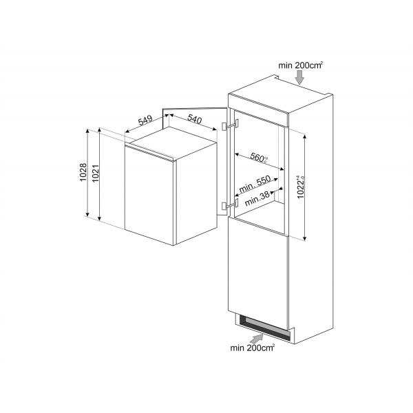 Inbouw Enkeldeurs koelkast met vriesvak 147L+17L Smeg