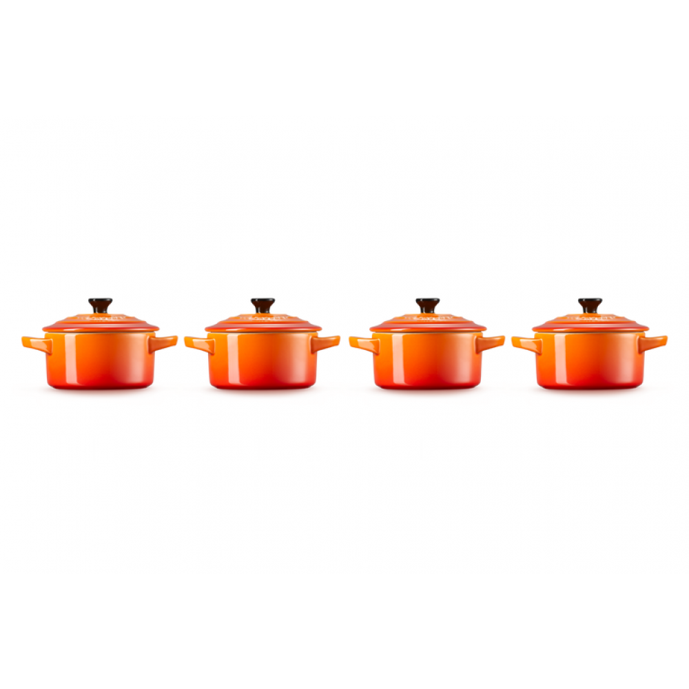 Le Creuset Ovenschotels Mini Stoofpannen Set van 4 in Aardewerk 10cm 0,25l Oranjerood
