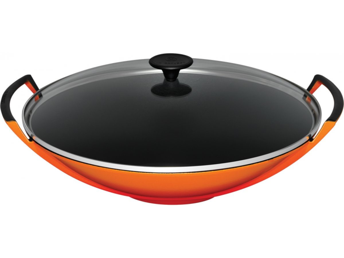 Oefening wraak Werkwijze Gietijzeren wok in Oranjerood met glazen deksel 36cm 4,5l