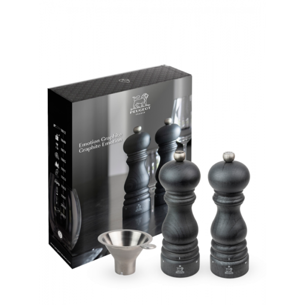 Emotion Graphite Duo Paris Graphite u'Select peper- en zoutmolens, 18 cm en inox trechter in geschenkverpakking Peugeot Emotion Graphite Duo Paris Graphite u'Select peper- en zoutmolens, 18 cm en inox trechter in geschenkverpakking Peugeot