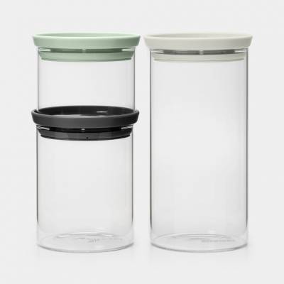 Glazen voorraadbussen stapelbaar, set van 4 0,3 + 0,6 + 1,1L - Light Grey, Dark Grey, Jade Green  Brabantia