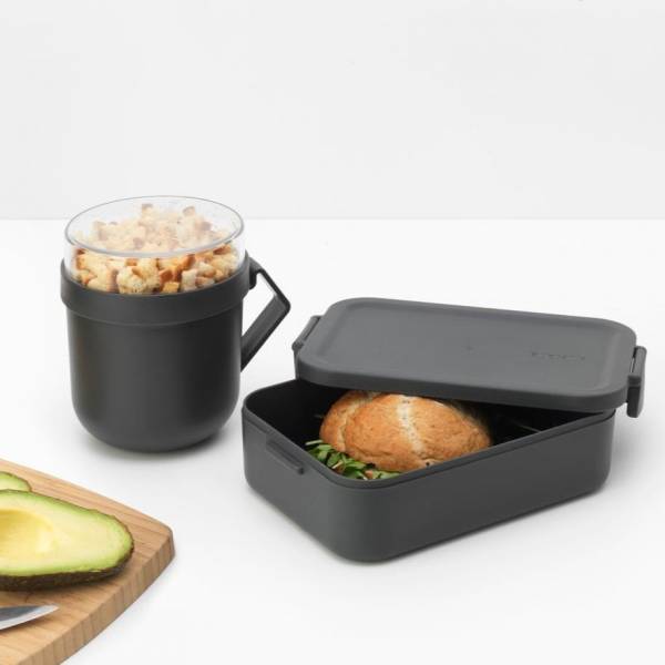 Make & Take lunchset 2-delig, kunststof (soepbeker 0,6 liter, lunchbox medium) Dark Grey 