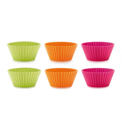 Set van 6 geribde muffinvormen uit silicone oranje, roze en groen ø 7cm H 3.5cm  Lékué