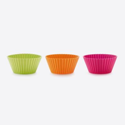 Set van 12 geribde muffinvormen uit silicone roze, oranje en groen Ø 7cm H 3.5cm  Lékué