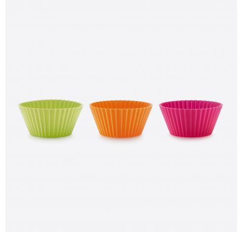 Set van 12 geribde muffinvormen uit silicone roze, oranje en groen Ø 7cm H 3.5cm  Lékué