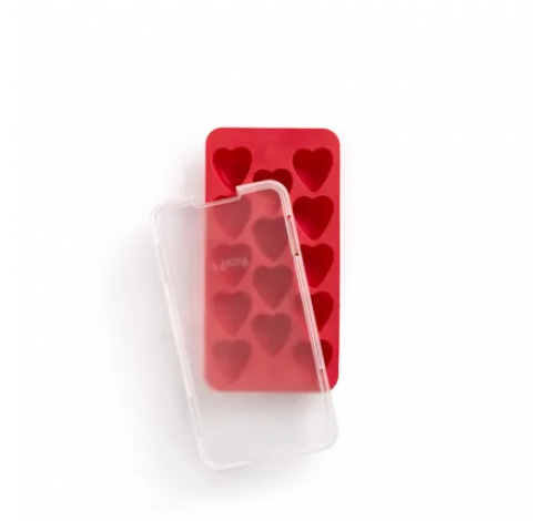 Ijsblokjesvorm uit rubber voor 14 hartjes rood met deksel  Lékué