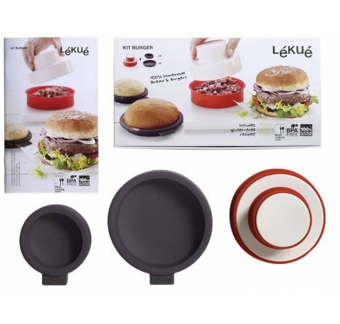 set van 4 bakvormen uit silicone voor hamburgerbroodjes en hamburgerpers  Lékué