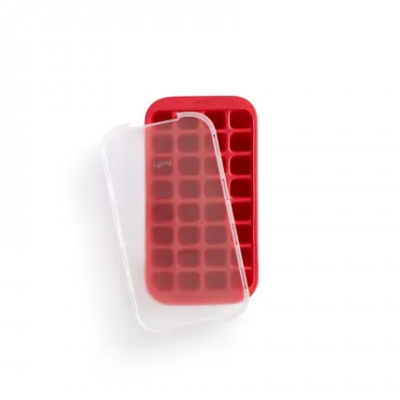 Ijsblokjesvorm uit rubber voor 32 ijsblokken rood met deksel  Lékué