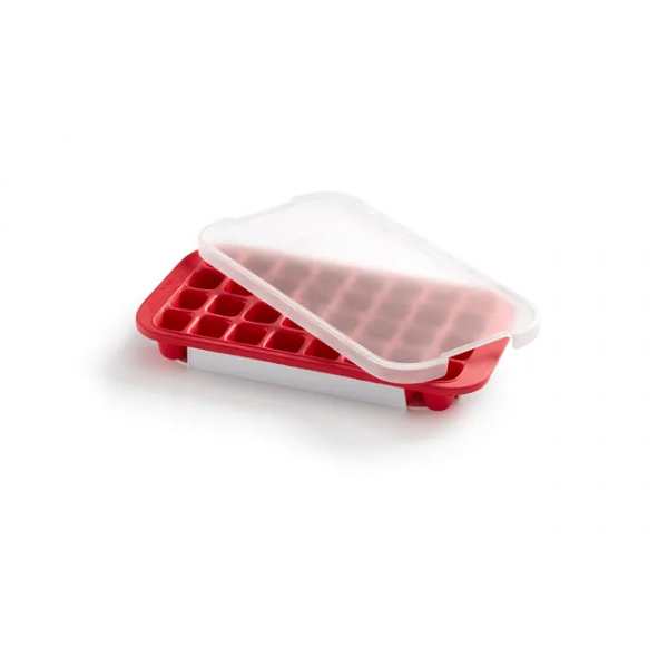 Lékué Ijsblokjesvorm uit rubber voor 32 ijsblokken rood met deksel