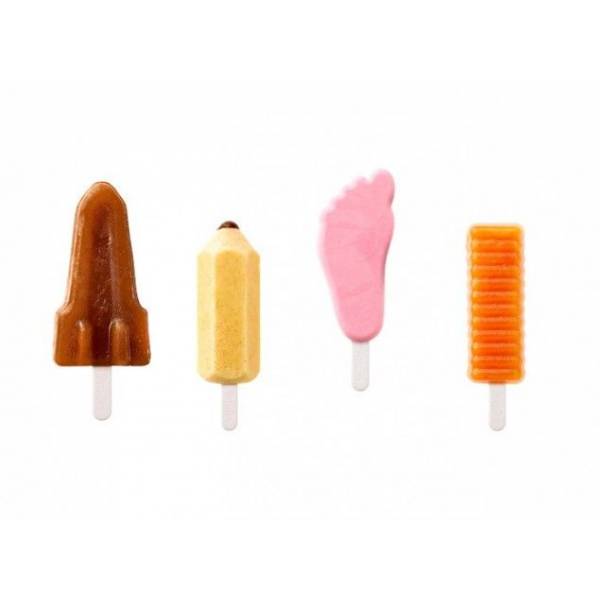 Set van 4 ijsjesvormen - potlood, voet, raket en twister 5.6x11.5x2.6cm 