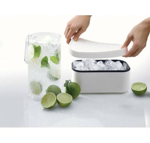 Rechthoekige ijsemmer met ijsblokjesvorm uit silicone en ABS wit 22.5x12.5x11.6cm  Lékué