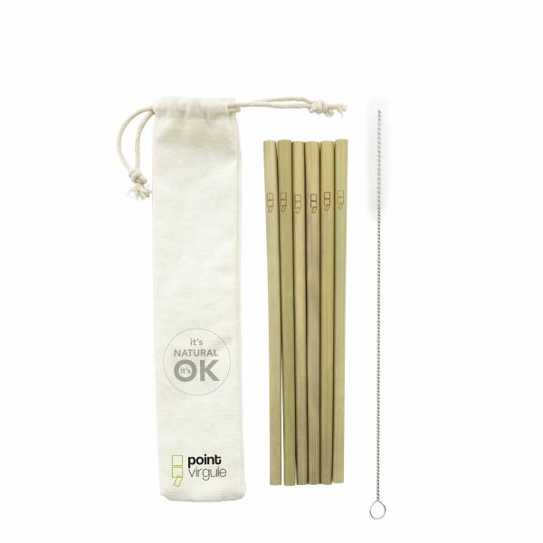 Set van 6 bamboe rietjes met reinigingsborstel en zakje 19.5cm 