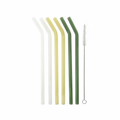 6 pailles courbes en verre jaune, blanc et vert avec brosse et sachet 21.5cm  Point-Virgule