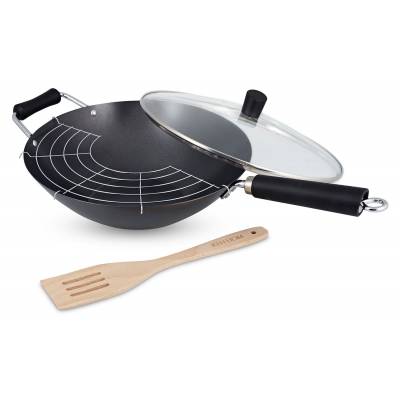 Excellence 4-delige Wok Set in Koolstofstaal met Antiaanbaklaag  31cm 