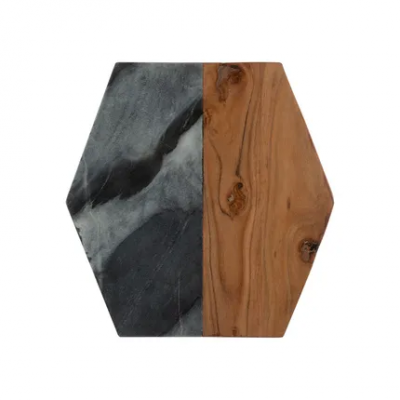 Elements zeshoekige serveerplank uit acaciahout en marmer  Typhoon