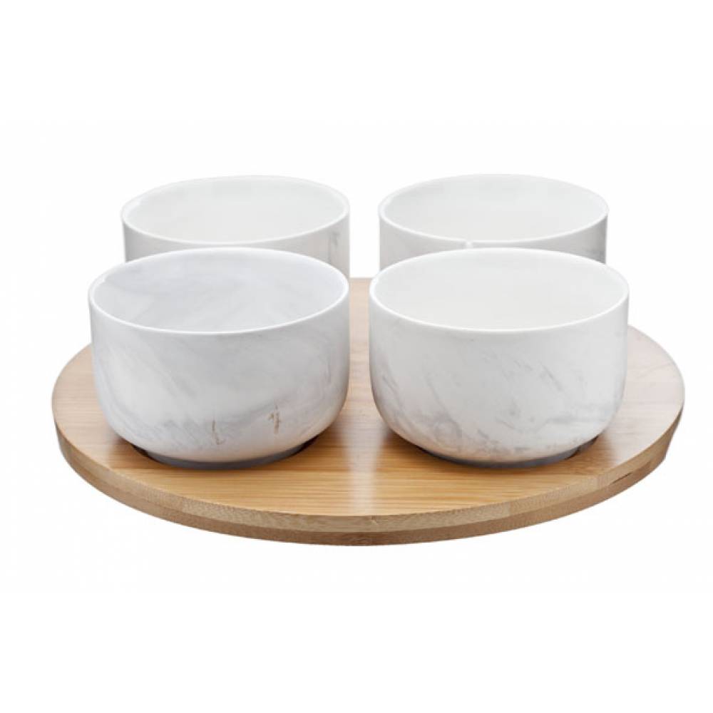 Cosy & Trendy Bowls Marble Grey Set5 4x Bowl-1x Bamboeplank Bowl D9xh6cm - Bambooplank D24.5cm