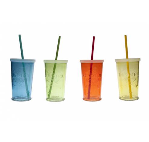 Summer Party Glas D9xh14.5cm Set 4 Ass Met Deksel En Rietje  Cosy & Trendy