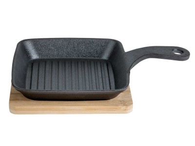 Gietijzer Grillpannetje Met Steel Coated 15x15x2cm - Bamboo Base