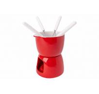 Fondue Chocolade D11,5cm Rood Porselein + 4 Vorken 