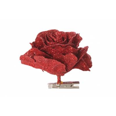 Rose Sur Clip Scintillant Rouge 10cm  